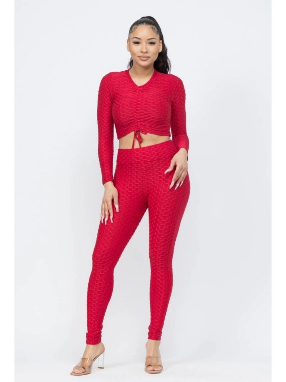 Love J Honeycomb Shirring Tie Top And Leggings Workout Set Red Size L NWT